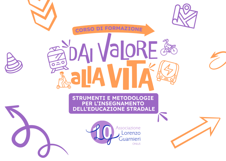 Grafica di presentazione del corso di formazione dai valore alla vita con logo e disegni di segnali stradali e semafori