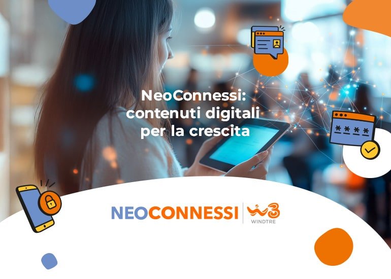 Grafica di presentazione del corso di formazione neoconnessi contenuti digitali per la crescita nuova edizione focus AI con ragazza che osserva un tablet e logo