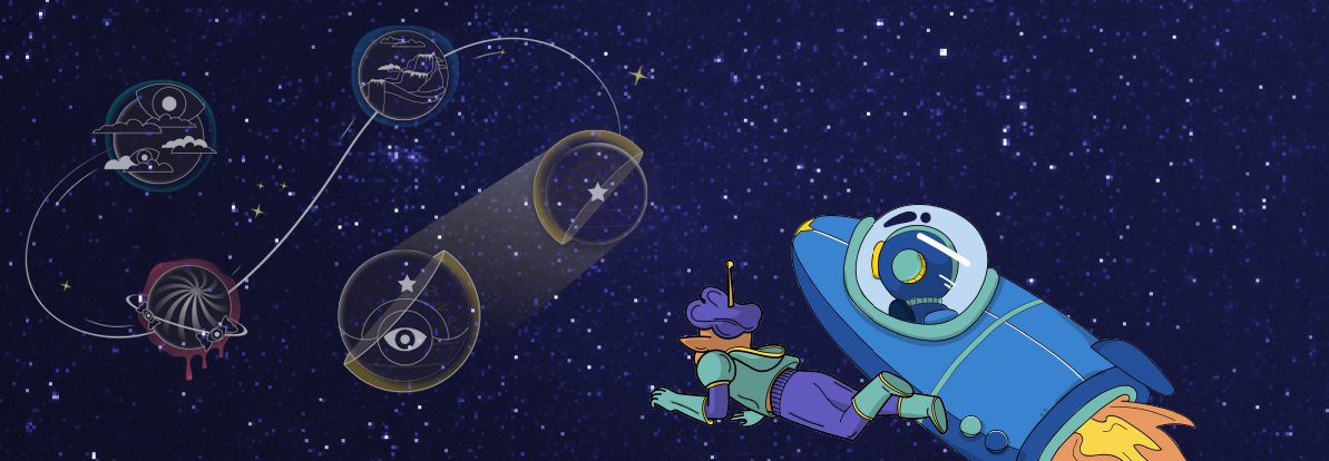 Grafica di copertina del corso di formazione per docenti eyestar mission guardiamo lontano progetto di educazione visiva con astronave e simboli