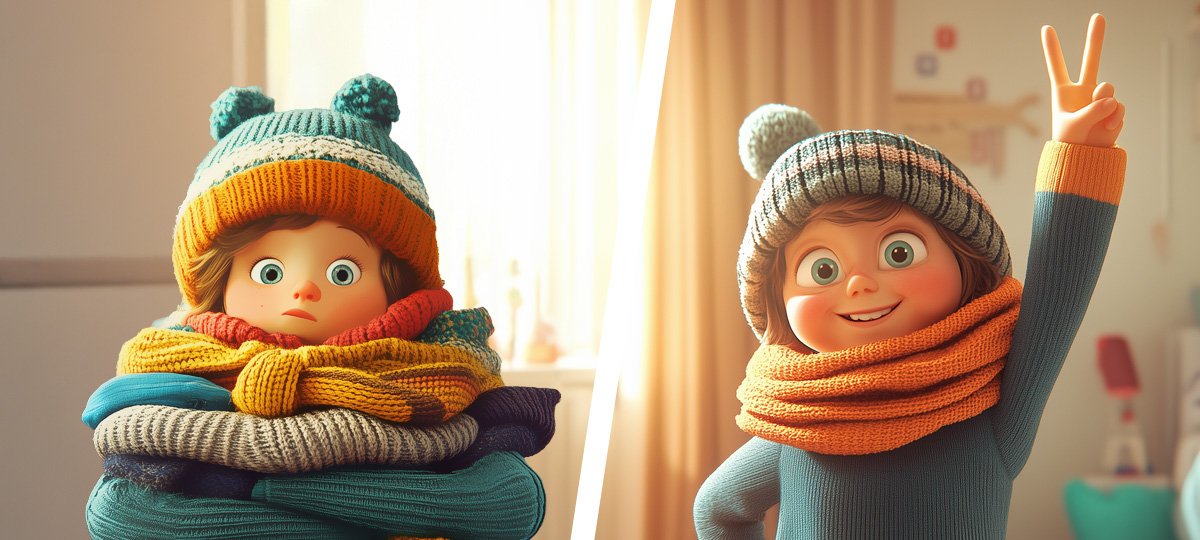 Bambina con cappello e sciarpa colorata seduta in casa durante la stagione invernale, immagine del corso docenti sulla prevenzione dell’influenza.