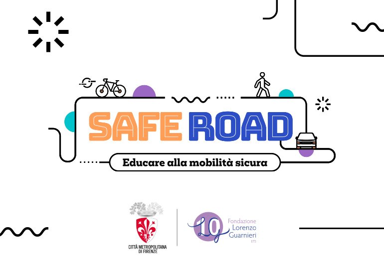 Grafica del progetto Safe Road con elementi che richiamano la mobilità urbana, la strada e la sicurezza stradale