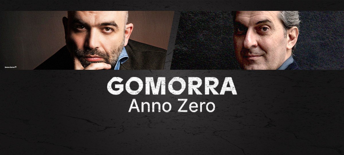 Grafica di copertina dell'evento di Sky su Gomorra con le foto di Roberto Saviano e Mario Calabresi e il titolo dell'evento