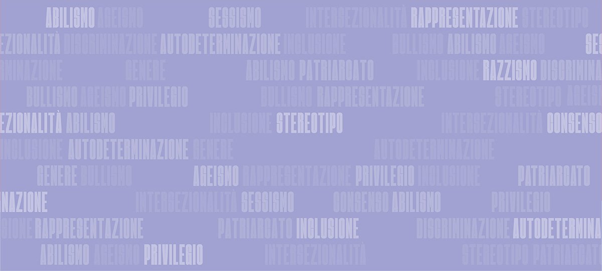 Grafica di copertina della masterclass online di Valore D con lo sfondo viola e tante parole sul tema del linguaggio