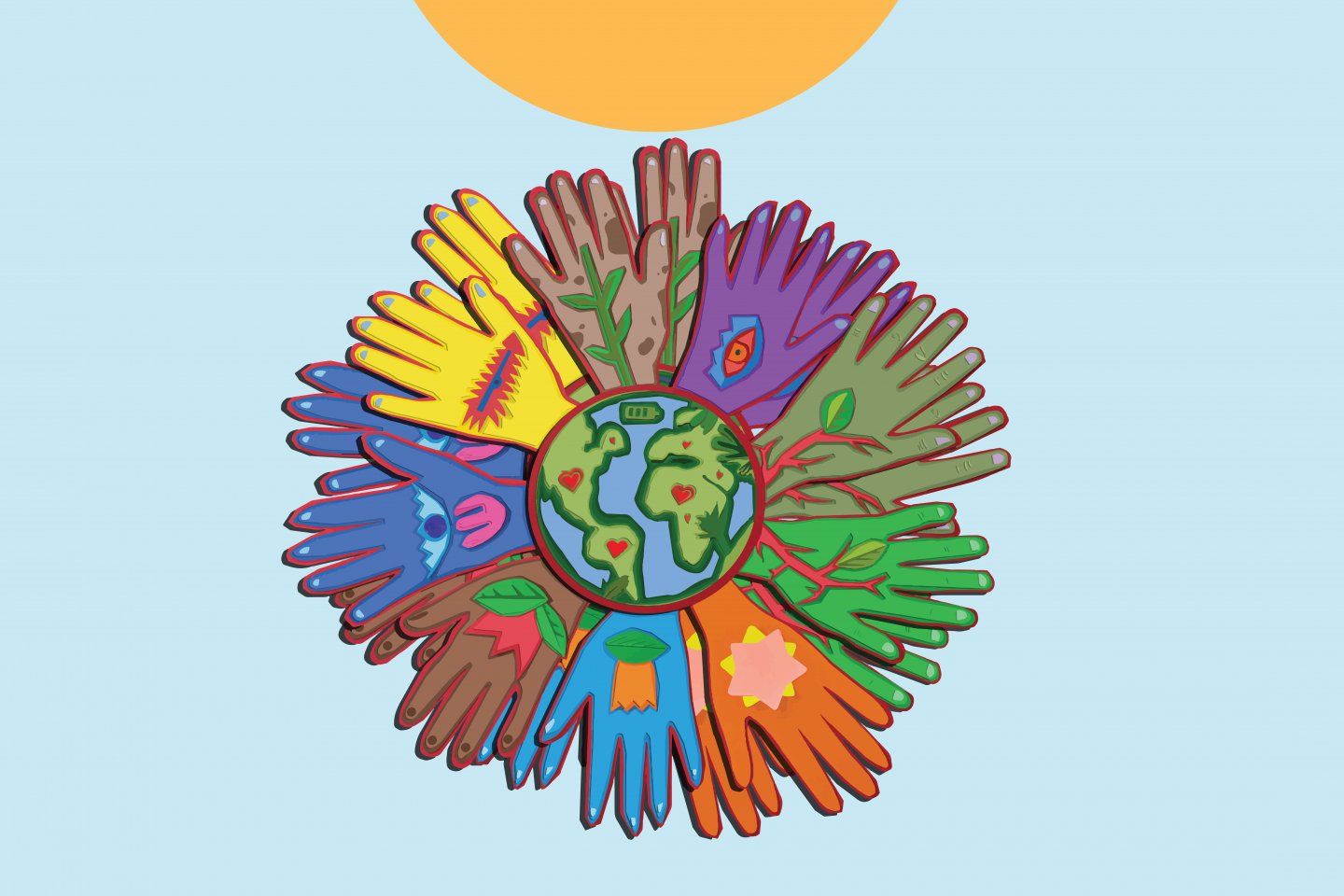 Immagine di copertina dell'articolo sulla Giornata mondiale dei diritti umani con il disegno della Terra circondata da mani colorate