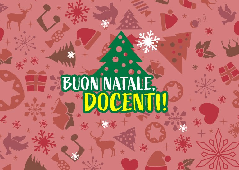 Immagine di copertina dell'articolo Buon Natale, docenti! con la scritta di augurio sullo sfondo rosso con alcuni disegni di Natale