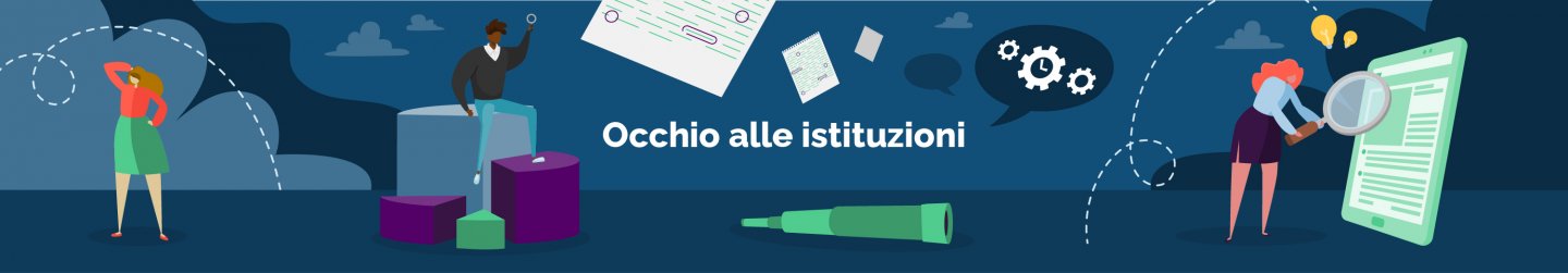 Illustrazione dedicata alle istituzioni con persone che consultano documenti e informazioni digitali