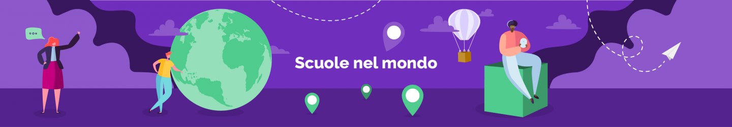 Illustrazione con persone, mappamondo e simboli di viaggio per rappresentare le scuole nel mondo