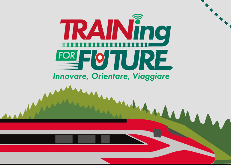 Grafica di presentazione del percorso di formazione scuola lavoro training for future orientare innovare viaggiare con treno frecciarossa e logo