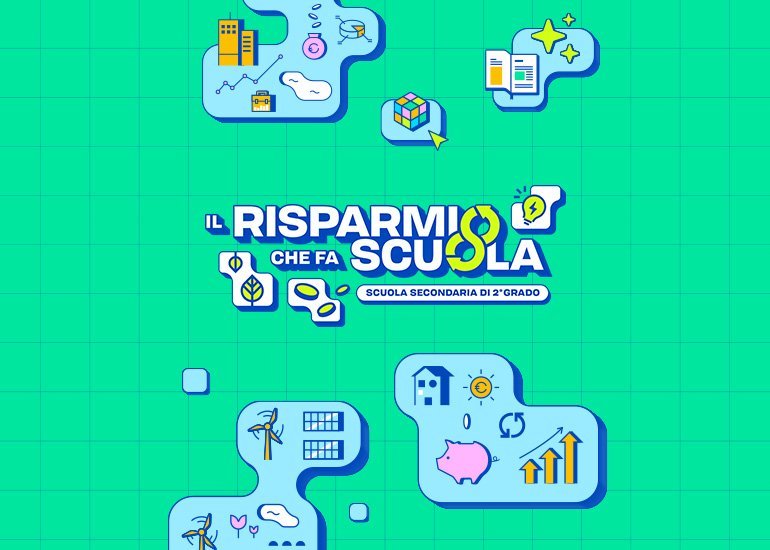 Grafica di presentazione del percorso di formazione scuola lavoro il risparmio che fa scuola con disegni colorati e logo