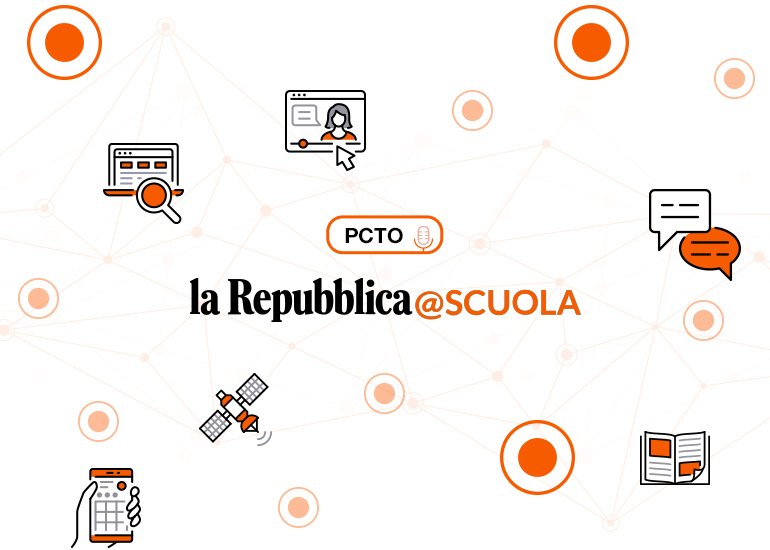 Grafica di presentazione del percorso di formazione scuola lavoro la repubblica a scuola di giornalismo con immagini e logo