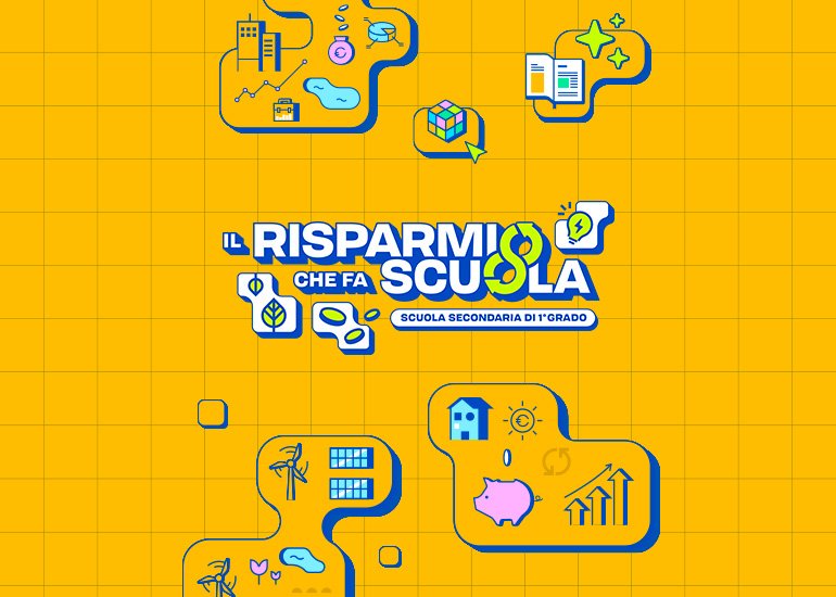 Grafica di presentazione del progetto Il Risparmio che fa Scuola per le secondarie di 1 grado con il logo e lo sfondo arancione