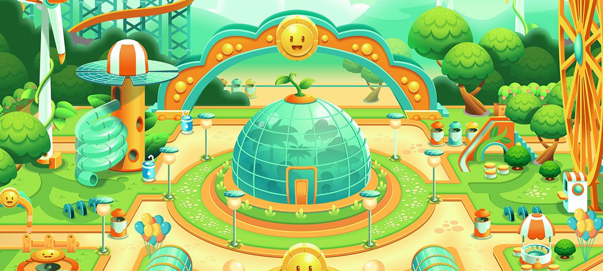 Grafica di copertina del progetto PerCorsi Kids con un parco giochi sostenibile e fiorito