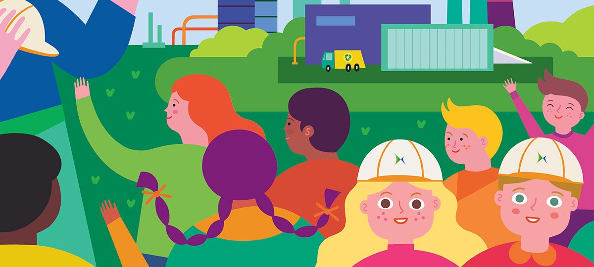 Grafica di copertina del progetto educativo a scuola di economia circolare, con supereroi