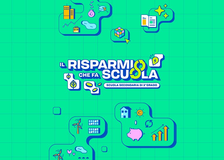 Grafica di copertina del progetto Il Risparmio che fa Scuola per le secondarie di 2 grado con il logo e lo sfondo verde