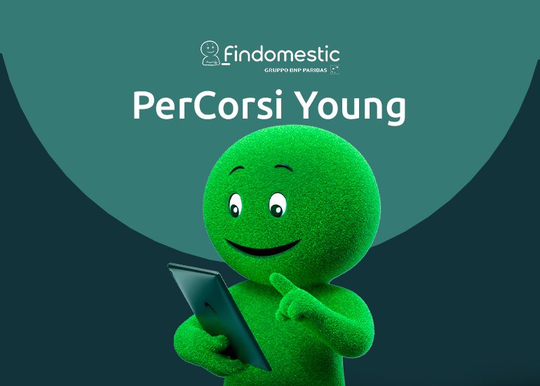 Grafica di presentazione del progetto di educazione finanziaria percorsi young con nome e mascotte pupazzo verde