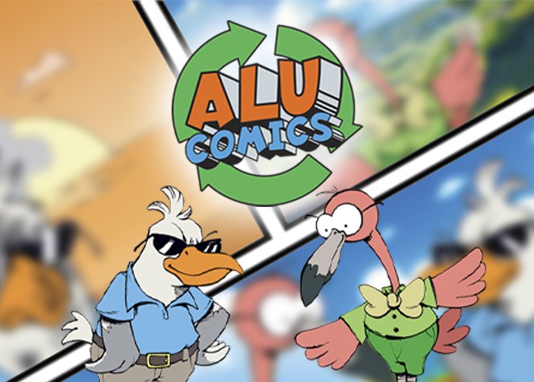 Grafica di presentazione del progetto didattico alucomics, con fumetti, personaggi animati e logo