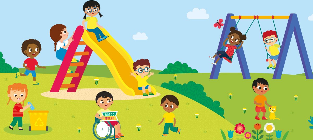 Grafica di copertina del progetto didattico la storia di borgo bello con bambini che giocano felici con la plastica