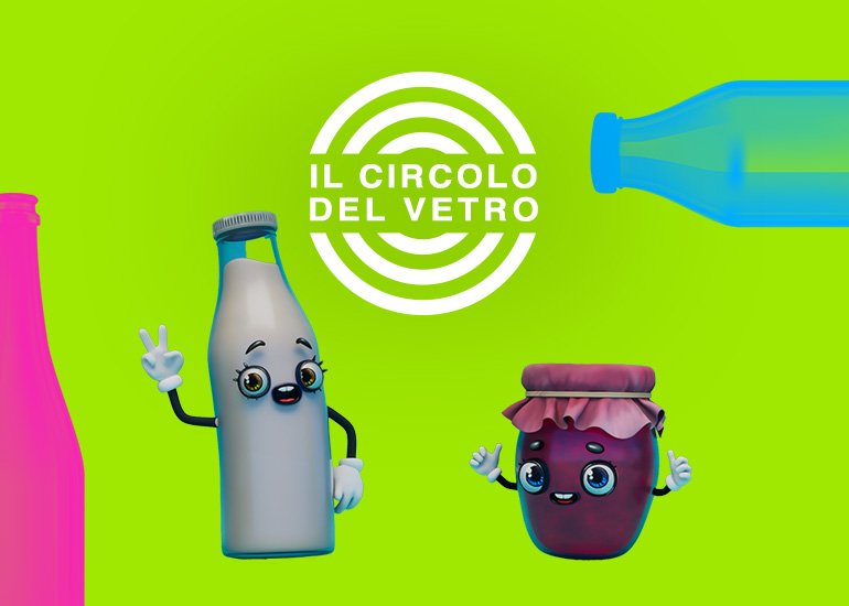 Grafica di presentazione del progetto educativo coreve per la scuola il circolo del vetro con logo, bottiglia e vasetto