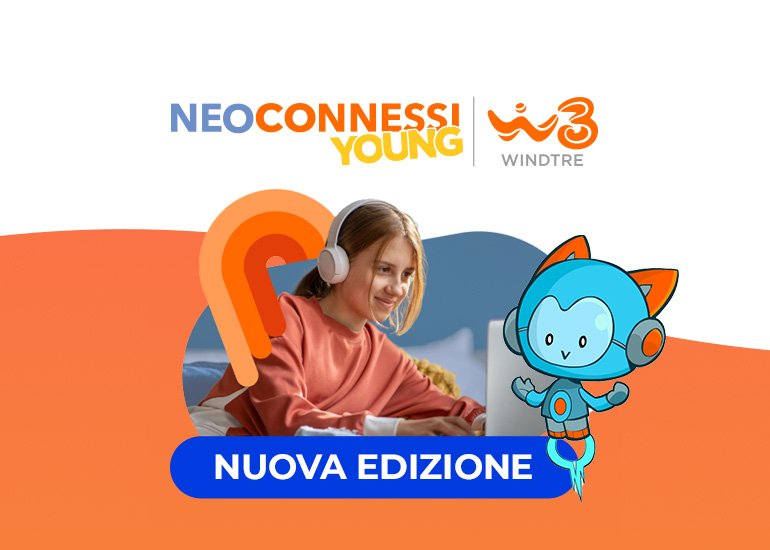 Grafica di presentazione del progetto di educazione digitale neoconnessi young con ragazza che studia, mascotte edugame e logo