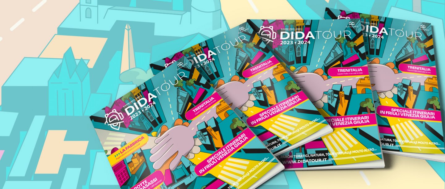 Grafica di copertina della rivista didatour per il turismo scolastico con immagini della rivista cartacea per le scuole