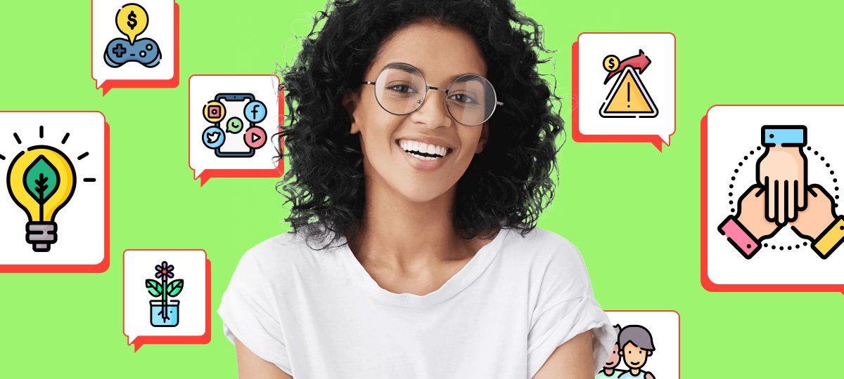 Grafica di copertina del progetto SkillUpp con una ragazza sorridente, dei simboli e lo sfondo verde