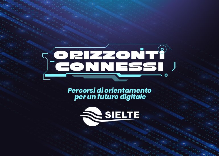 Grafica di copertina del progetto Orizzonti Connessi. Percorsi di orientamento per un futuro digitale con il logo e lo sfondo blu