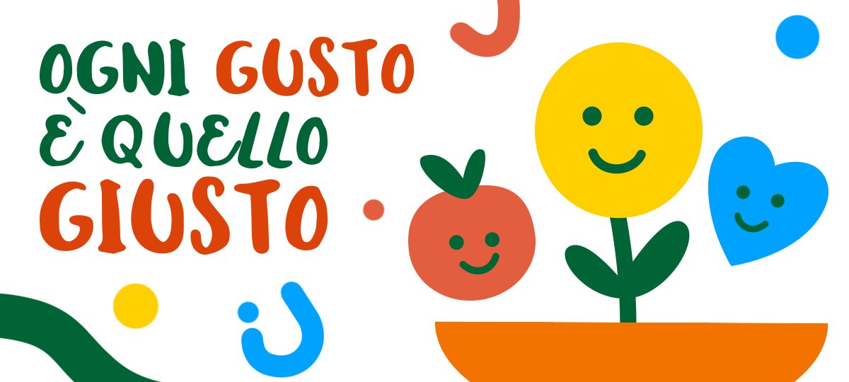 Grafica di copertina del progetto Ogni gusto è quello giusto, con il logo, un frutto, un fiore e un cuore felici