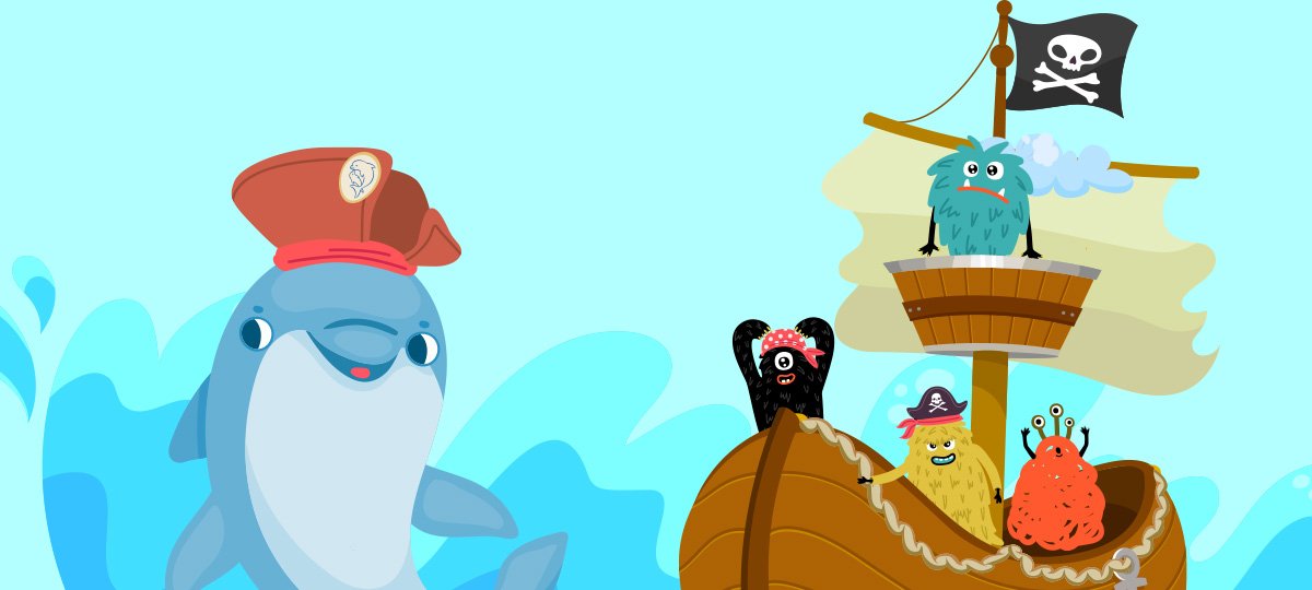 Grafica di copertina del progetto educativo didattico liberi di respirare con delfino nave pirata e germi