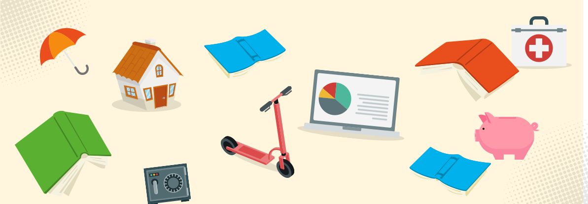 Grafica di copertina del progetto di educazione assicurativa Giochiamo d’anticipo con disegni di libri scolastici, una casa e un computer