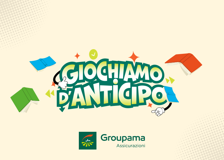 Grafica di presentazione del progetto di educazione assicurativa Giochiamo d’anticipo con disegni di libri scolastici, una casa e un computer