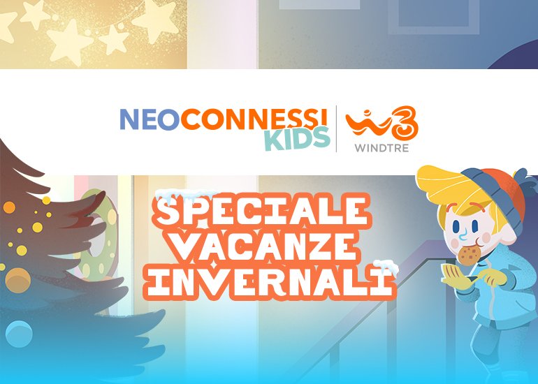 Grafica di presentazione di NeoConnessi – speciale vacanze invernali con logo, albero di natale, stelline e un bambino