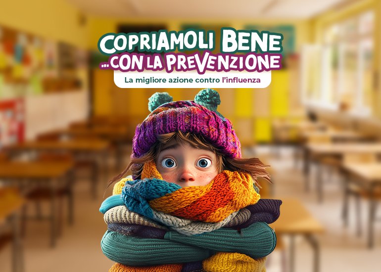 Grafica di presentazione del progetto didattico copriamoli bene con la prevenzione con bambino con cappellino arancione e logo