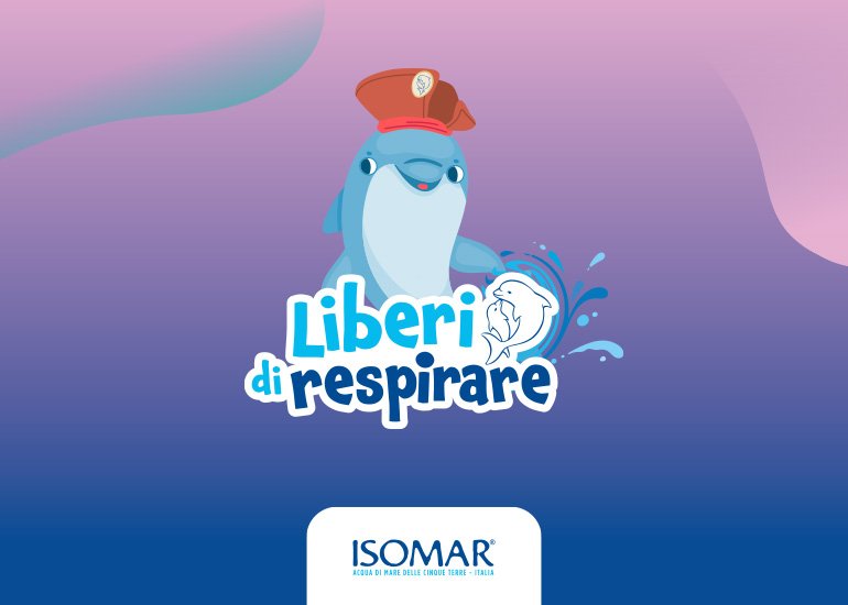 Grafica di copertina del progetto liberi di respirare con logo di progetto e mascotte delfino