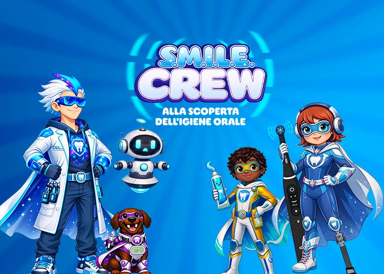 Grafica di copertina del progetto Smile Crew alla scoperta dell'igiene orale con supereroi e sfondo azzurro