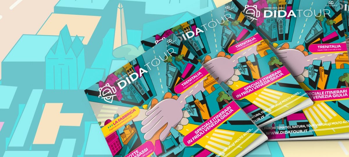 Grafica di copertina della rivista didatour per il turismo scolastico con immagini della rivista cartacea per le scuole