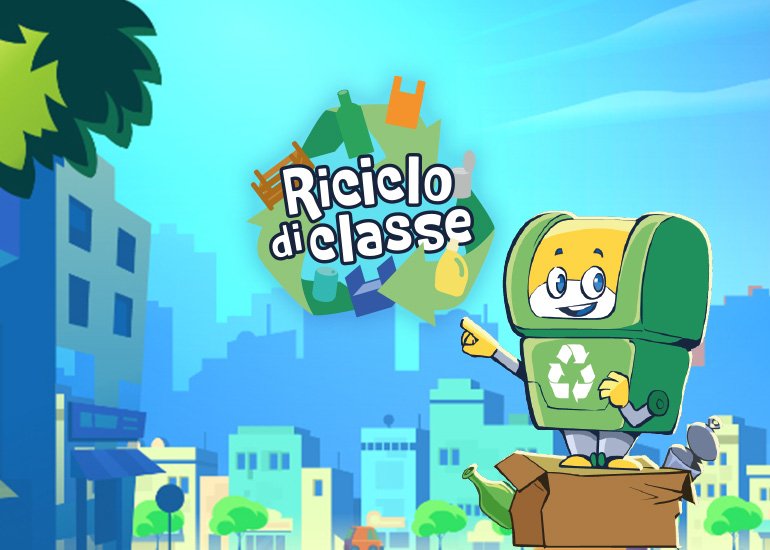 Grafica di presentazione del progetto educativo riciclo di classe con logo e personaggio a forma di cestino per la raccolta differenziata
