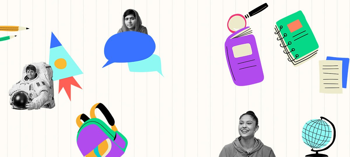 Grafica di copertina del progetto Inspiring Girls con degli oggetti scolastici e dei modelli femminili