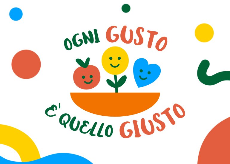 Grafica di presentazione del progetto Ogni gusto è quello giusto, con il logo, un frutto, un fiore e un cuore felici