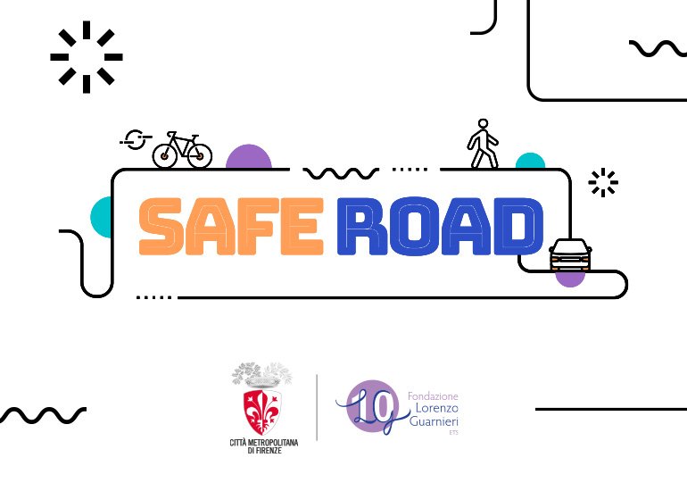 Grafica di presentazione del progetto educativo Safe Road con naming di progetto e logo della Fondazione Guarnieri e della Citta Metropolitana di Firenze