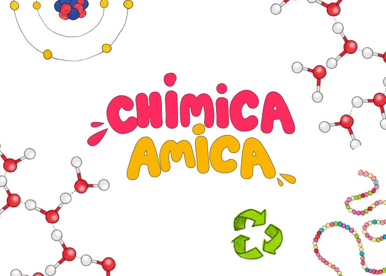 Grafica di presentazione del progetto didattico chimica amica con elementi chimici atomi e logo