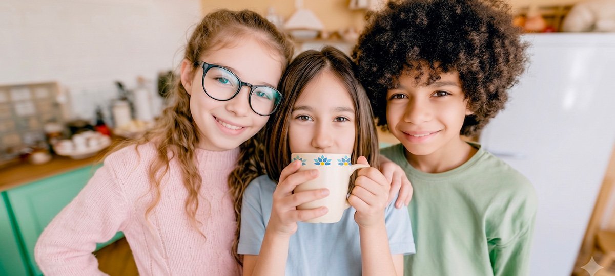 Tre bambini sorridenti in cucina durante la colazione, con una bambina al centro che tiene tra le mani una tazza di latte.