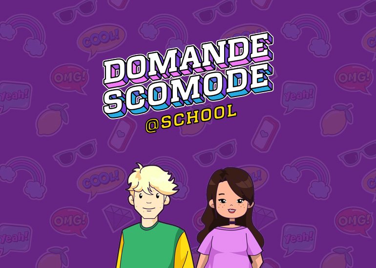 Grafica di presentazione del progetto educativo domande scomode at school con studenti inclusivi e logo