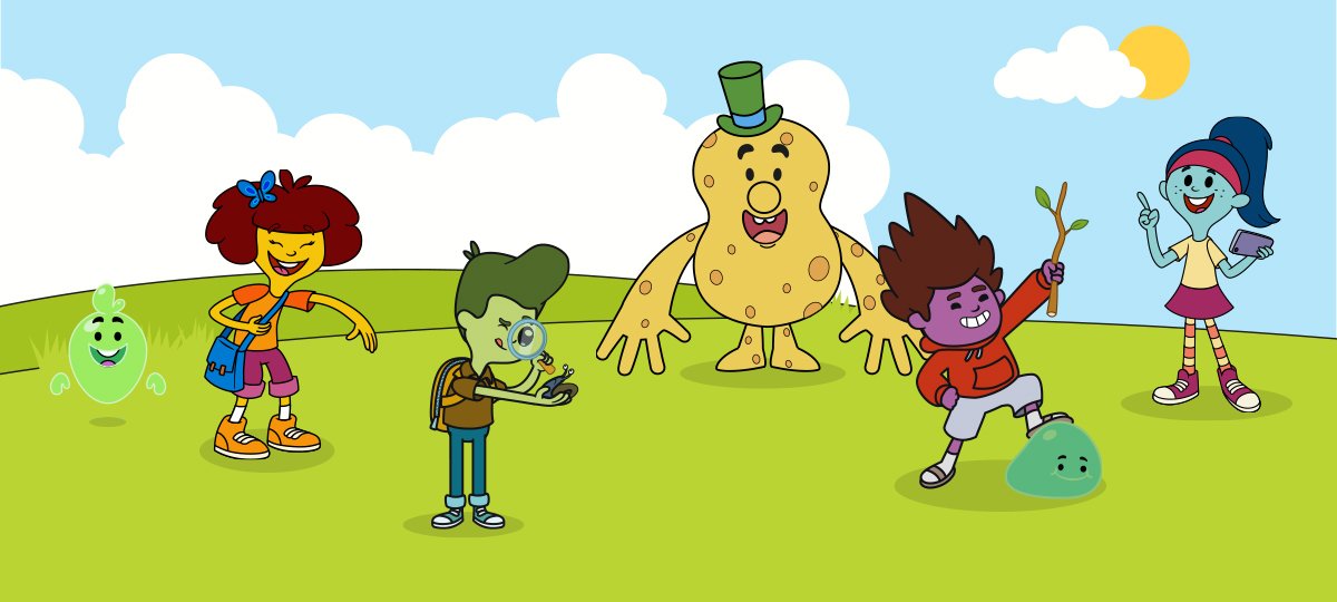 llustrazione del progetto Igiene Insieme con bambini e personaggi colorati su uno sfondo verde e azzurro.